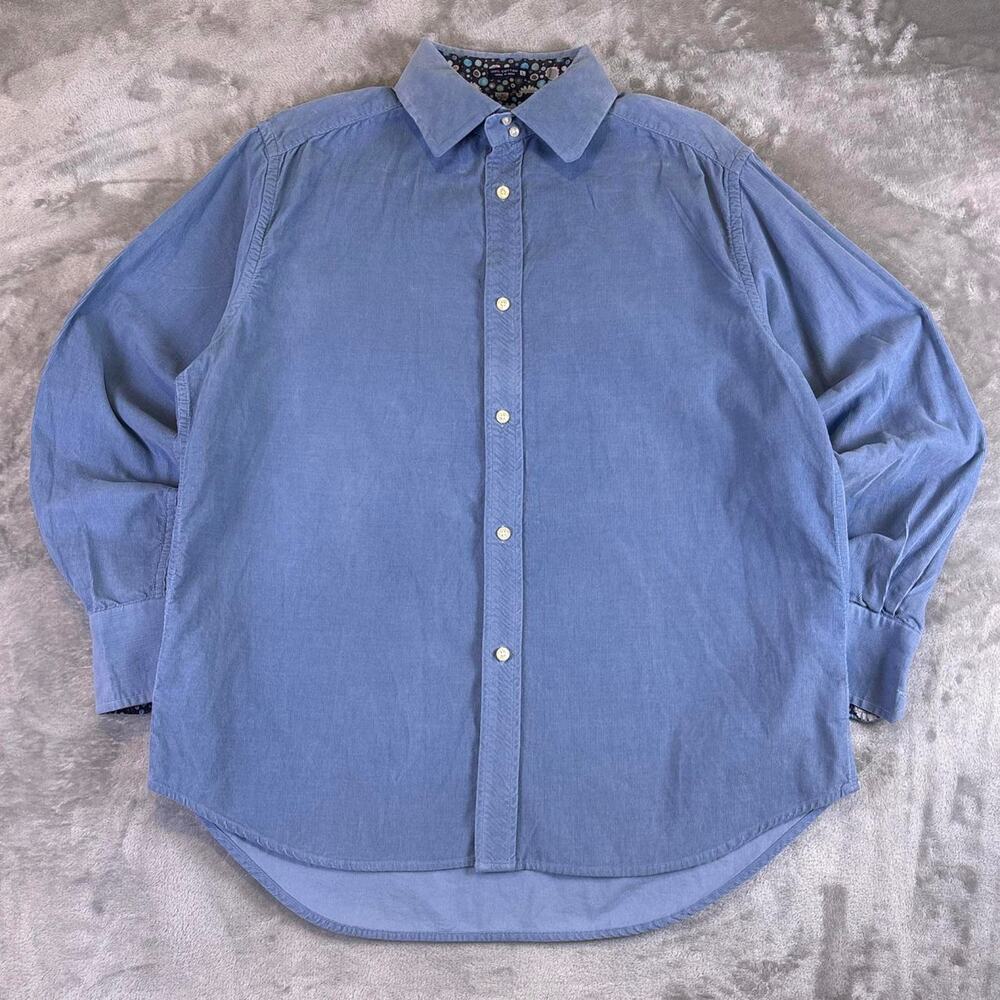 Robert Graham Mens Large Light Blue Corduroy Button Down Shirt Floral Trim